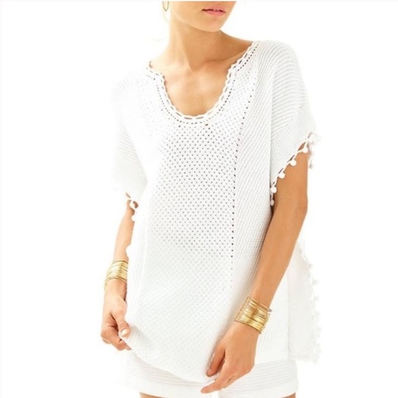 Lilly Pulitzer White Keating Knit Fringe PomPom Sweater Poncho Women’s size XS​ - Picture 11 of 12